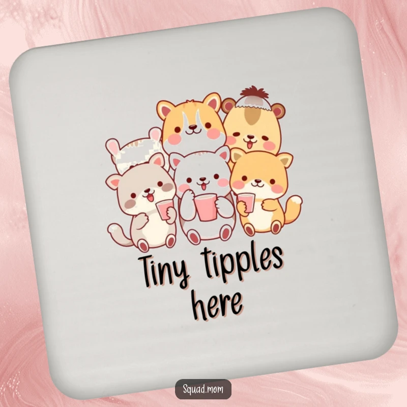 Funny drink coasters featuring a cheerful group of animal friends toasting with small cups, offering protection with festive charm.
