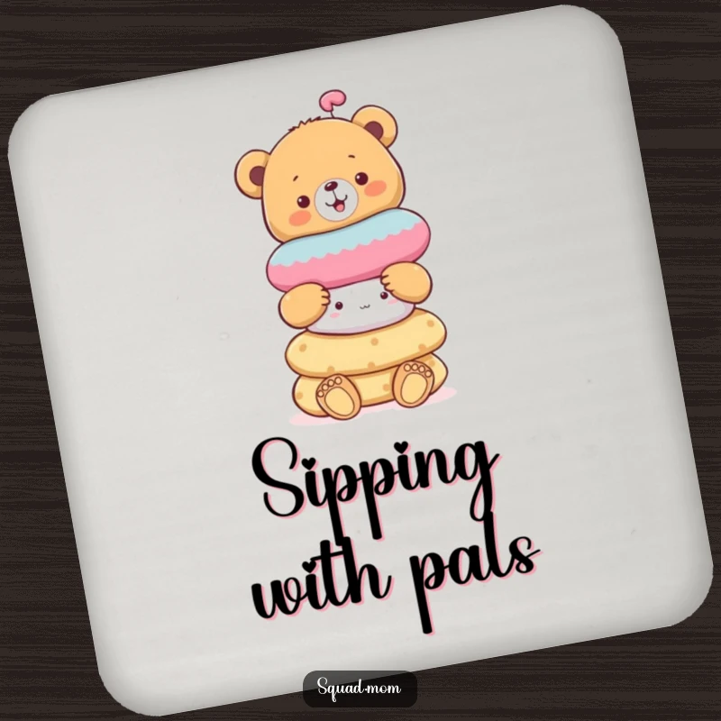Funny cheerful bear cub balancing a stack of soft toys, a humorous and protective drink coaster.