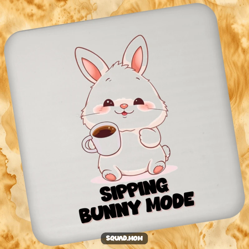 Funny fluffy bunny wiggling its nose and holding a tiny coffee cup, a humorous and protective drink coaster.