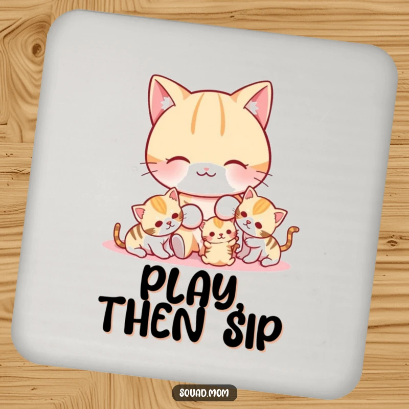 Funny cat mom playing with her kittens, decorative coasters for furniture protection.