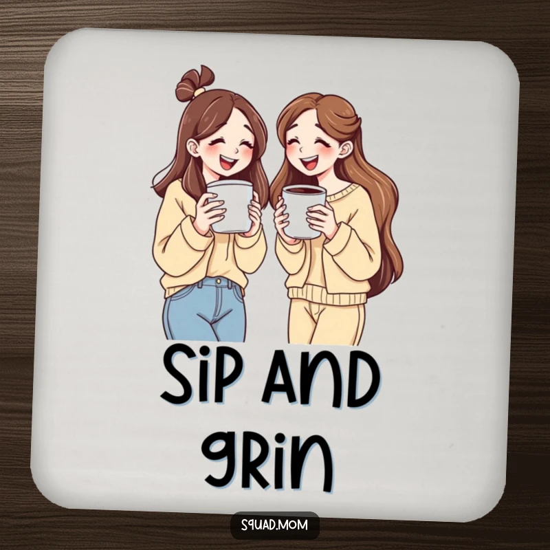 Funny drink coasters featuring two women holding large coffee cups, sharing a laugh, protecting furniture.