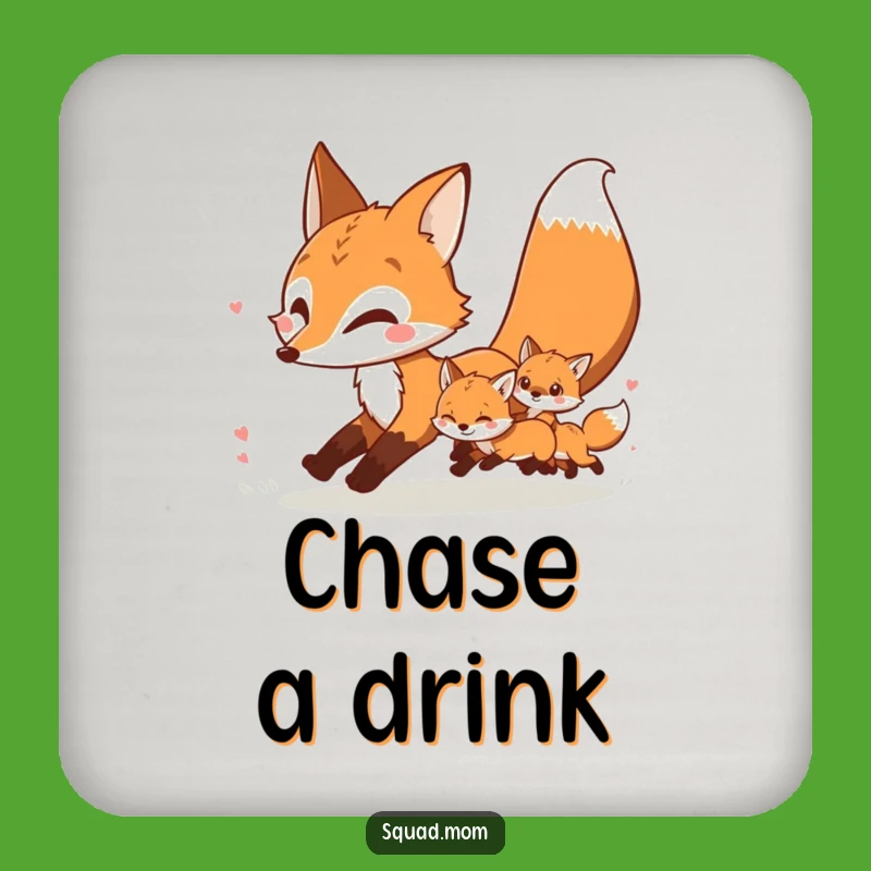 Funny Fox Mom & Kits Coaster: Playful Chase Protection for Your Drinks