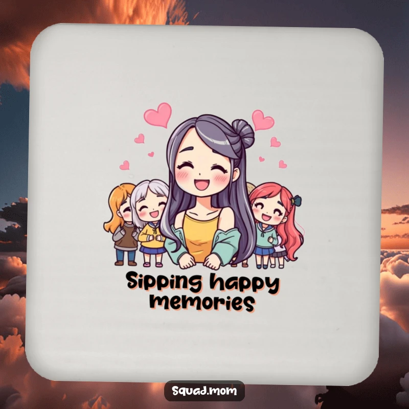 Funny Coasters: Woman’s ecstatic smile surrounded by friends, protecting surfaces with humor, a cute funny gift.