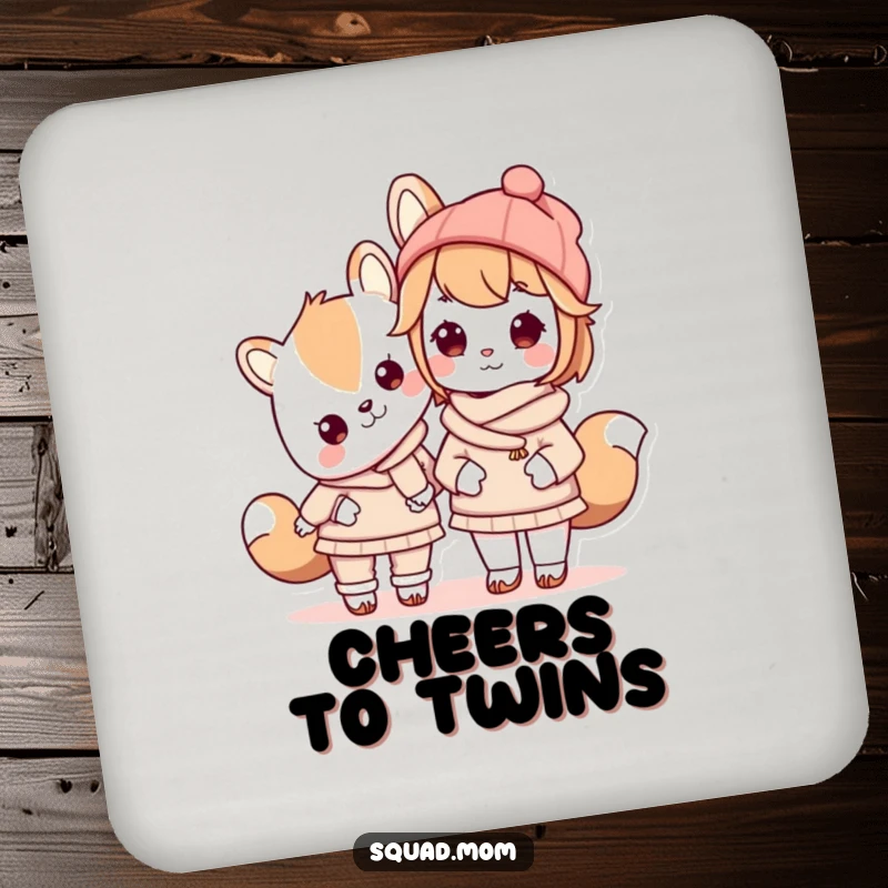 Funny Kawaii mom friend animal character wearing matching outfits with her child on a drink coaster, protecting surfaces.