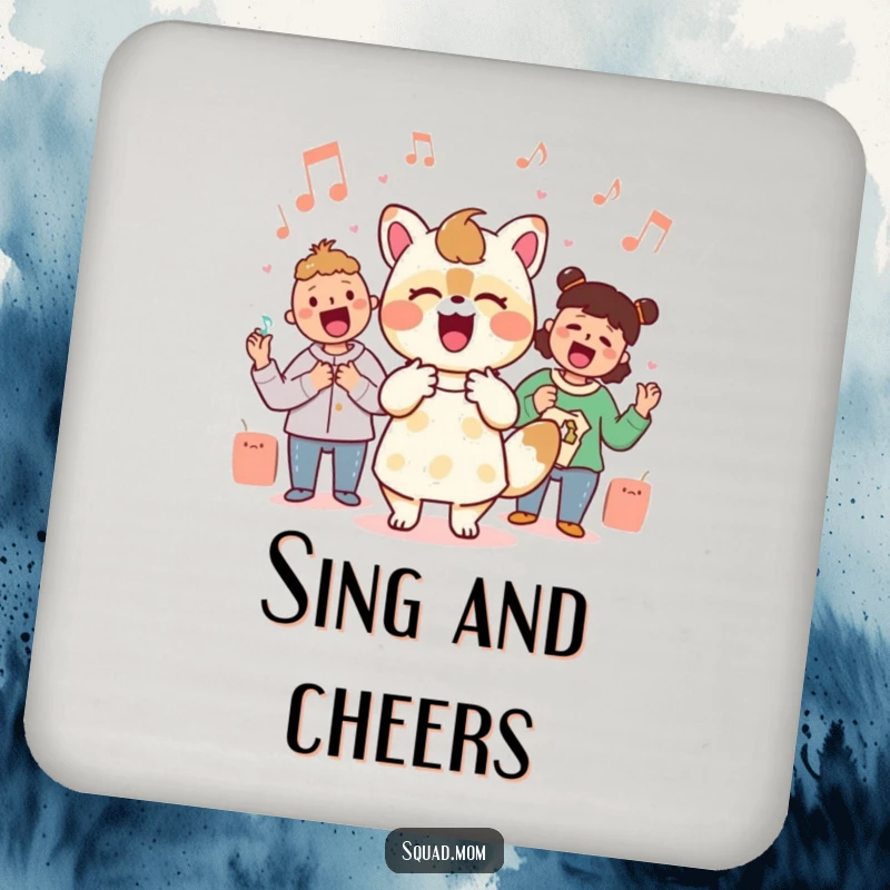 Funny Kawaii mom friend animal character singing with musical notes on a drink coaster, protecting surfaces.