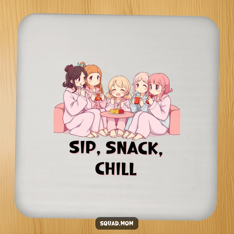 Funny coasters featuring women in pajamas sharing snacks, perfect for protecting tables.