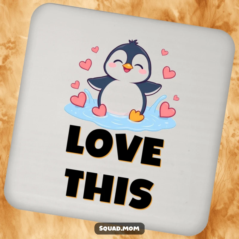 Funny Penguin Heart Splash Coaster: A giggling penguin splashes in a puddle of colorful hearts.