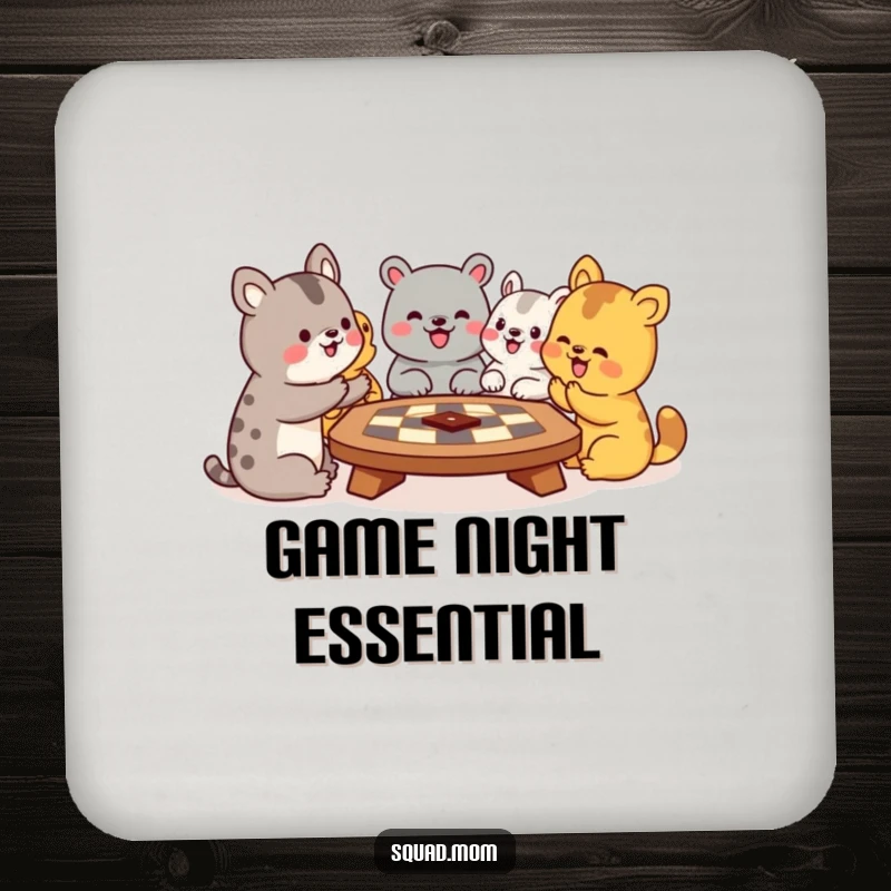 Funny drink coasters featuring a comical scene of animal friends intensely engaged in a board game, adding personality to your table.