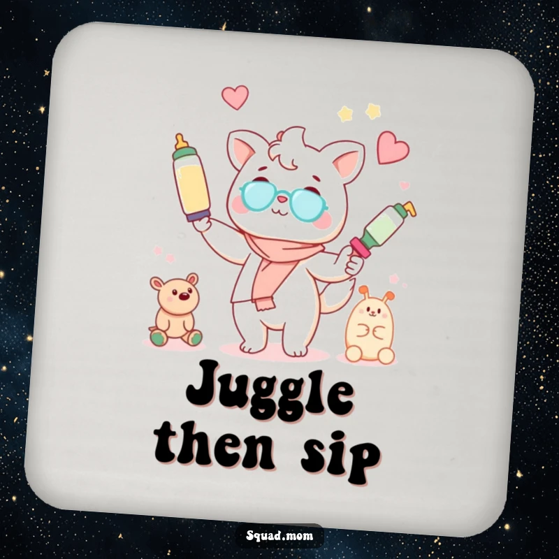 Funny Kawaii mom friend animal character juggling baby bottles and toys on a drink coaster, protecting surfaces.
