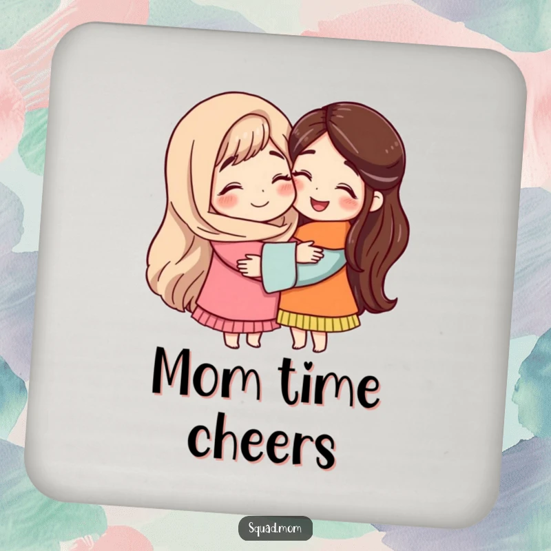 A decorative coaster depicting two mom friends sharing a warm hug, adding a touch of love and humor to your drink station.