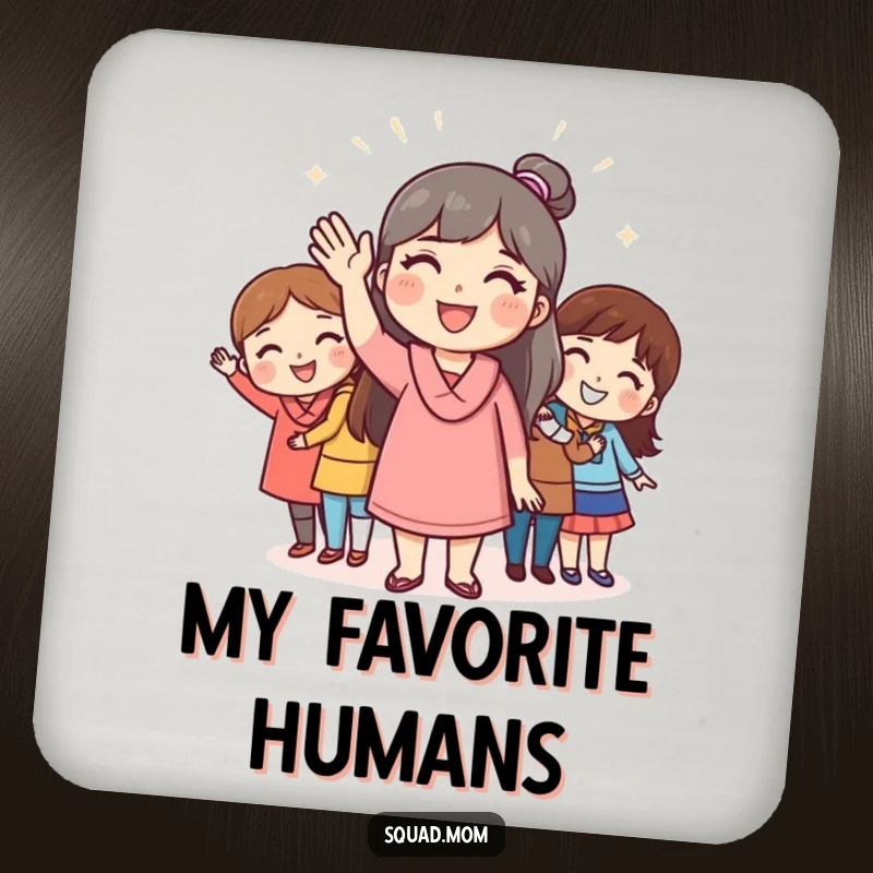 Funny drink coasters showing a mom friend waving cheerfully to friends, protecting surfaces with warm and friendly humor, a practical funny gift.