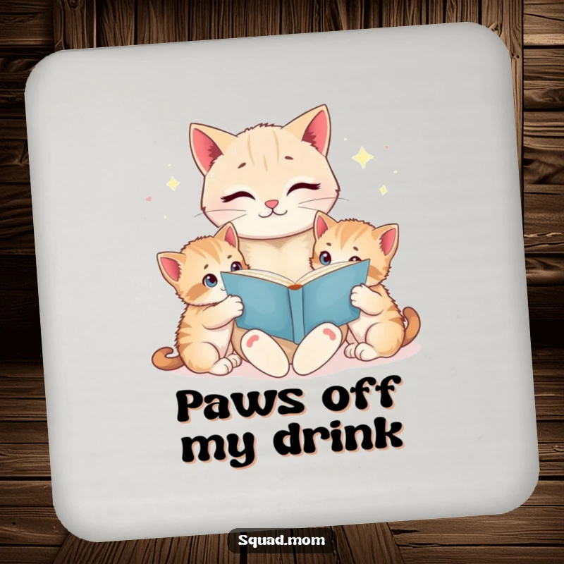 Funny cat mom reading a bedtime story to her wide-eyed kittens on a set of drink coasters, protecting tables with charm.