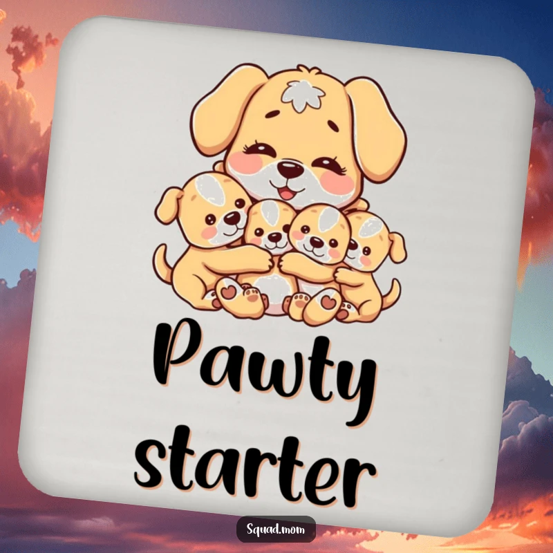 Funny drink coasters featuring a tender scene of a motherly dog character embracing her puppies, protecting surfaces with adorable love.