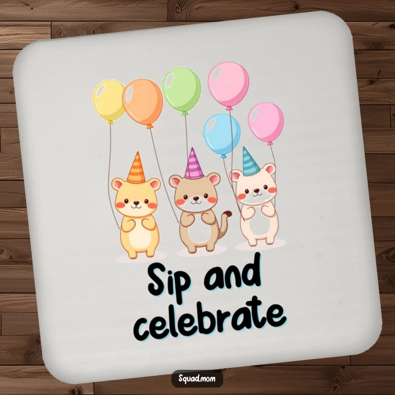 Funny drink coasters featuring a charming scene of animal friends in silly hats and holding balloons, perfect for adding festive flair.