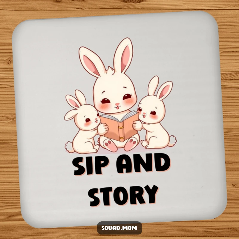 Funny rabbit mom reading a story to her babies, decorative coasters to protect furniture.