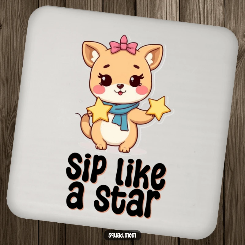 Funny Coaster: Whimsical animal mom character holds a star, perfect for protecting surfaces humorously.