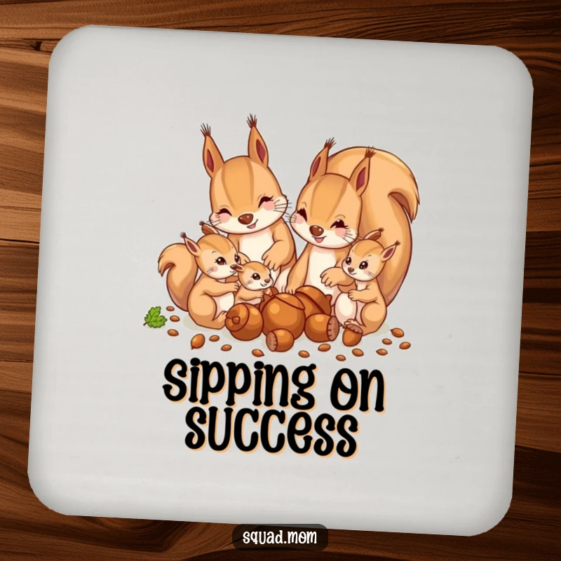 Funny drink coasters set with an illustration of a mother squirrel and babies gathering acorns, a humorous accessory.