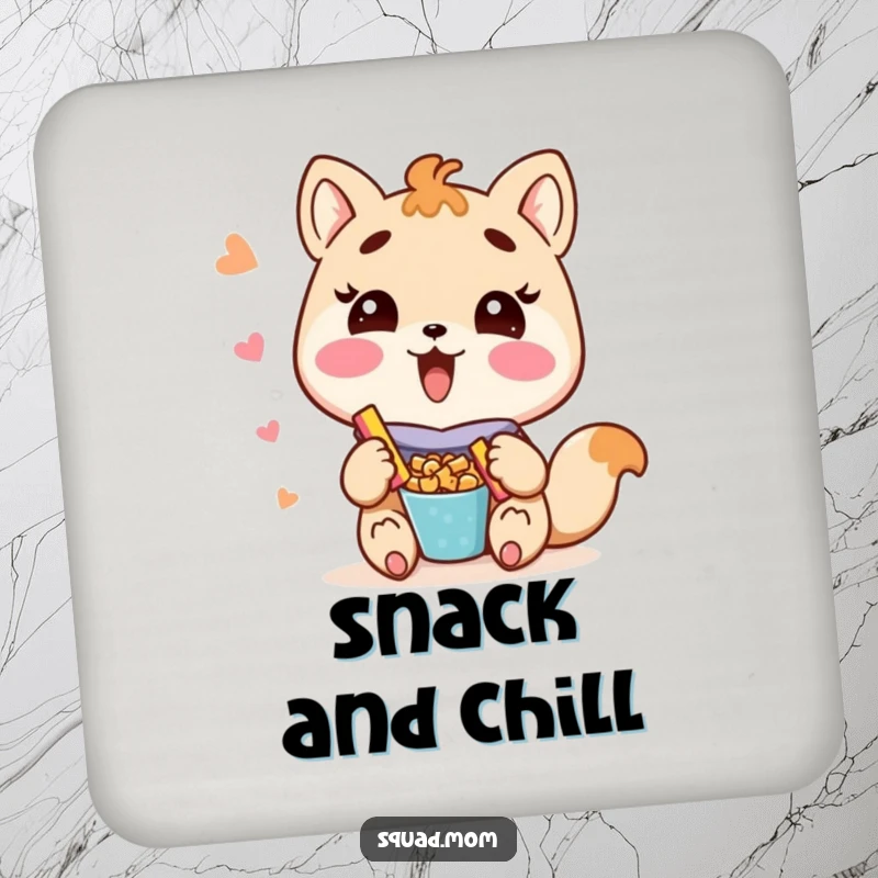Funny Kawaii mom friend animal character offering snacks on a drink coaster, a cute table protector.