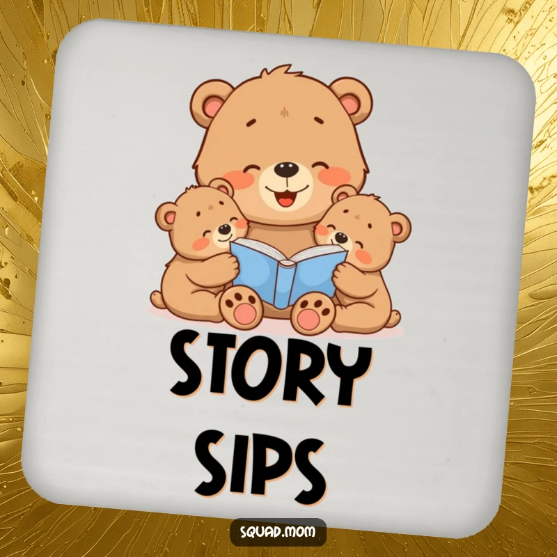 Funny Bear Mom Coasters: Set of coasters featuring a mama bear reading to her cubs, offering protection with a theme of love and stories.