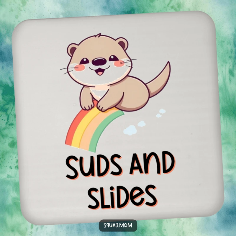 Funny Otter Rainbow Coaster: A smiling otter slides down a vibrant rainbow.