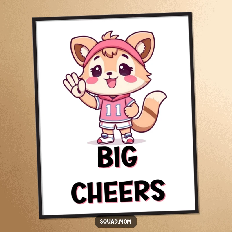 Funny Kawaii Mom Friend Poster: An adorable animal character radiates cheering energy for a tiny athlete, inspiring positivity.