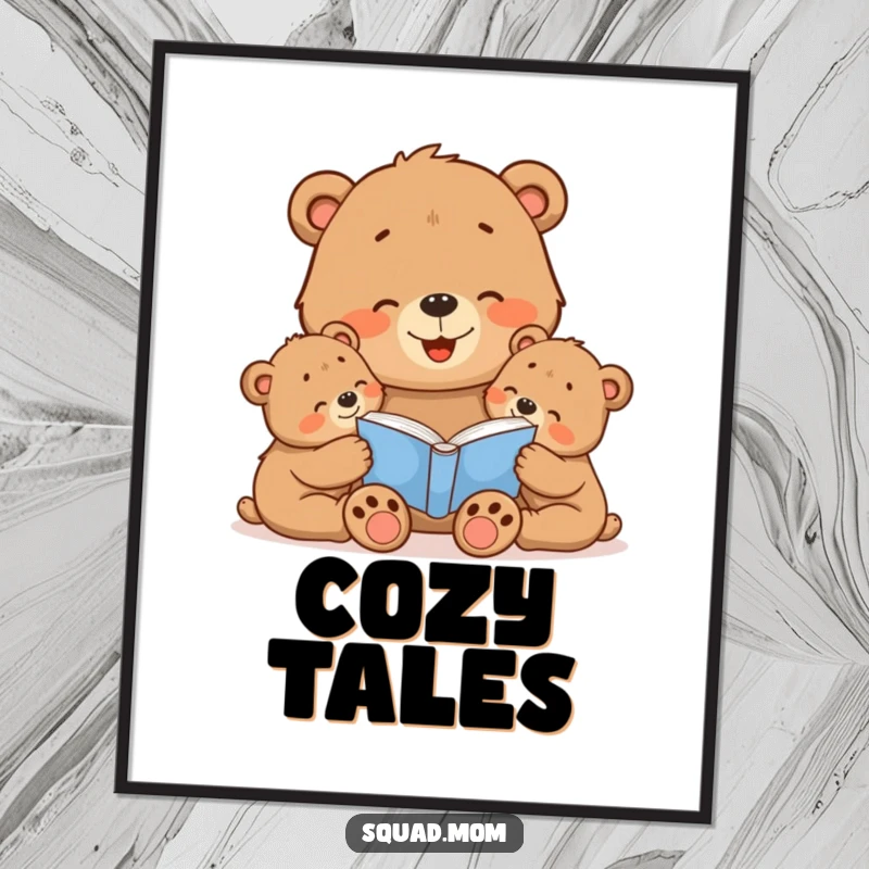 Funny Bear Mom Poster: Cheerful bear mom reading a storybook to her attentive cubs, creating a warm and loving atmosphere.