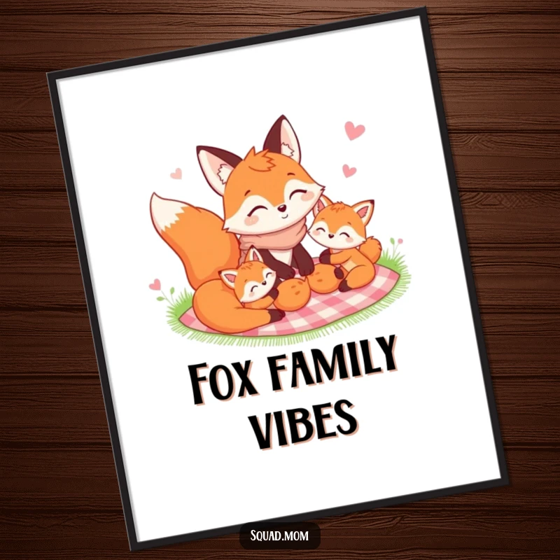 Funny Fox Mom and her kits enjoying a picnic on a blanket, depicted as heartwarming wall art for family spaces.