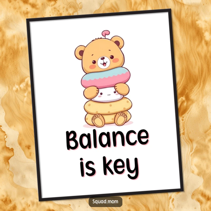 Funny cheerful bear cub balancing a stack of soft toys, a cute and humorous digital art print.