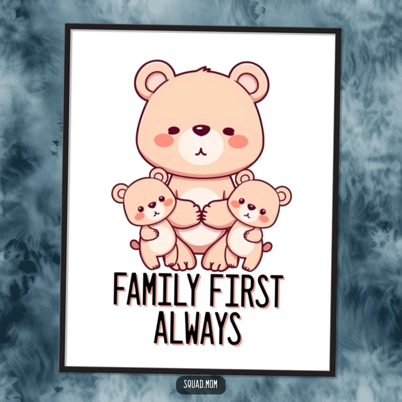 Funny poster print of a protective bear mom holding hands with her two cubs, showcasing family love and togetherness in a heartwarming illustration.