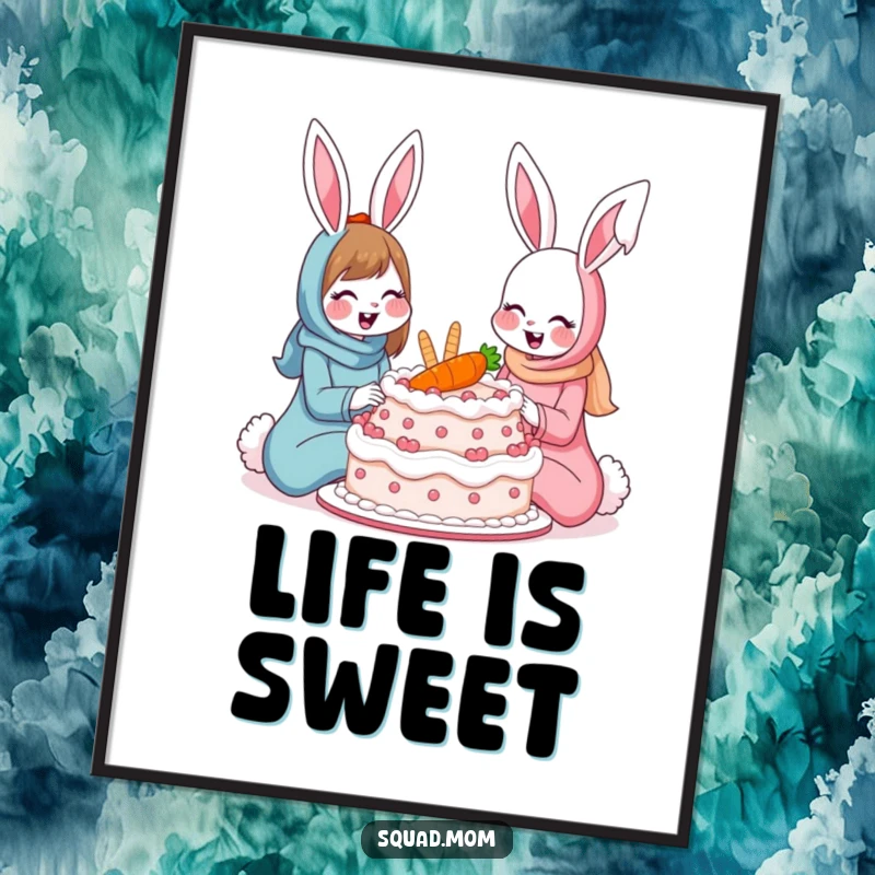 Funny bunny moms poster showing two smiling rabbits sharing a giant carrot cake, offering humorous and heartwarming wall art.