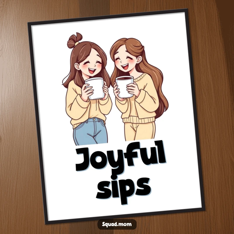 Funny poster showing two women with oversized coffee cups, sharing a hearty laugh, symbolizing friendship and joy.