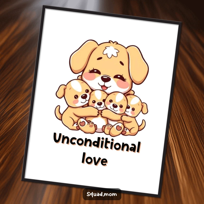 Funny poster artwork capturing a tender moment of a motherly dog character hugging her puppies, radiating love and gentle affection.
