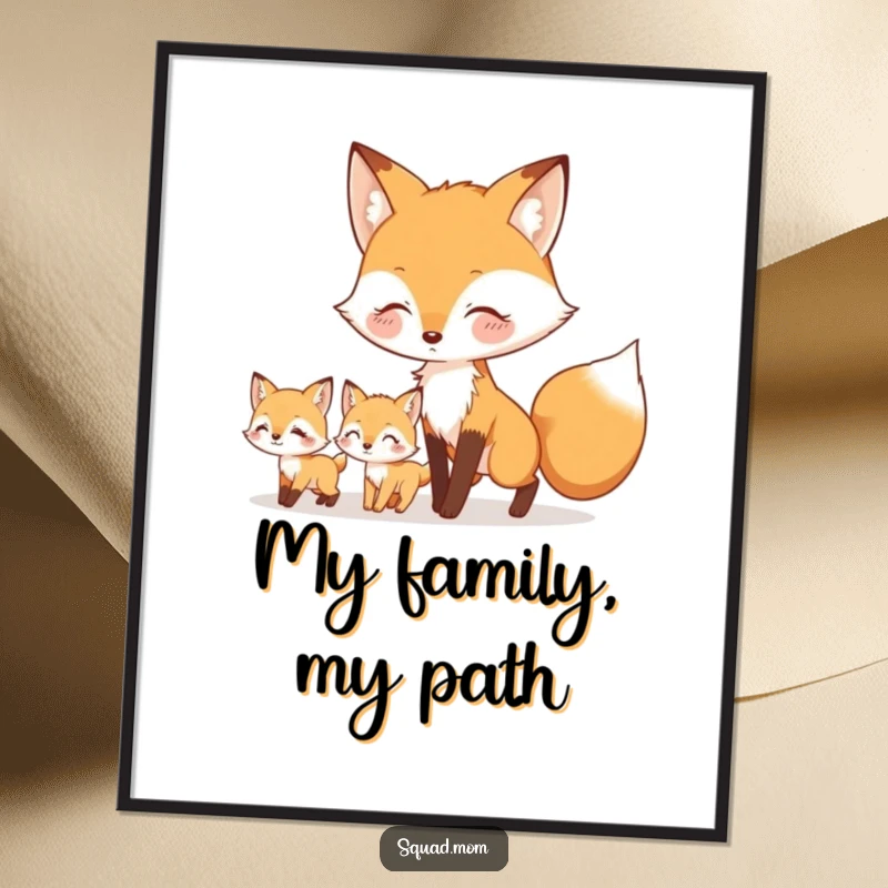Funny poster print of a nurturing fox mom leading her playful kits through a forest scene, showcasing nature's guidance and family love.