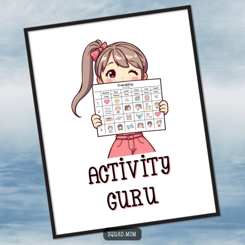 Funny poster of a woman displaying a friendship activity chart, symbolizing organized friendships.
