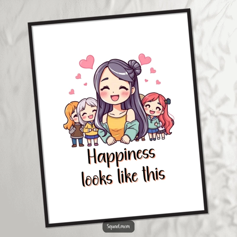 Funny Poster: Woman’s radiant smile with friends, celebrating connection and happiness, a cheerful funny gift.