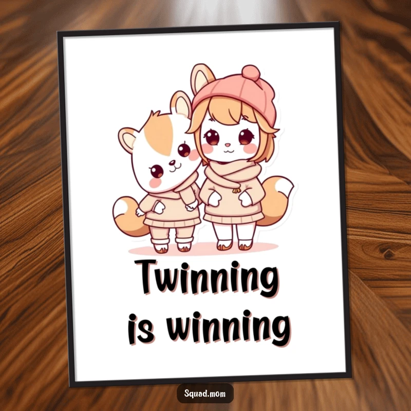Funny Kawaii mom friend animal character wearing matching outfits with her child on a poster, celebrating family fashion.