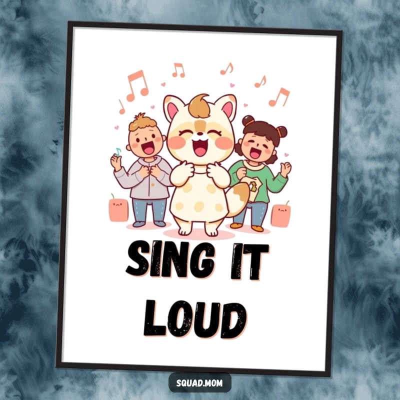 Funny Kawaii mom friend animal character singing with passion on a poster, celebrating the joy of music and motherhood.