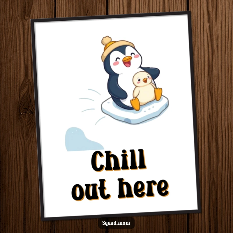 Funny A2 poster print of a penguin mom and chick sliding excitedly down an icy hill, celebrating family fun.