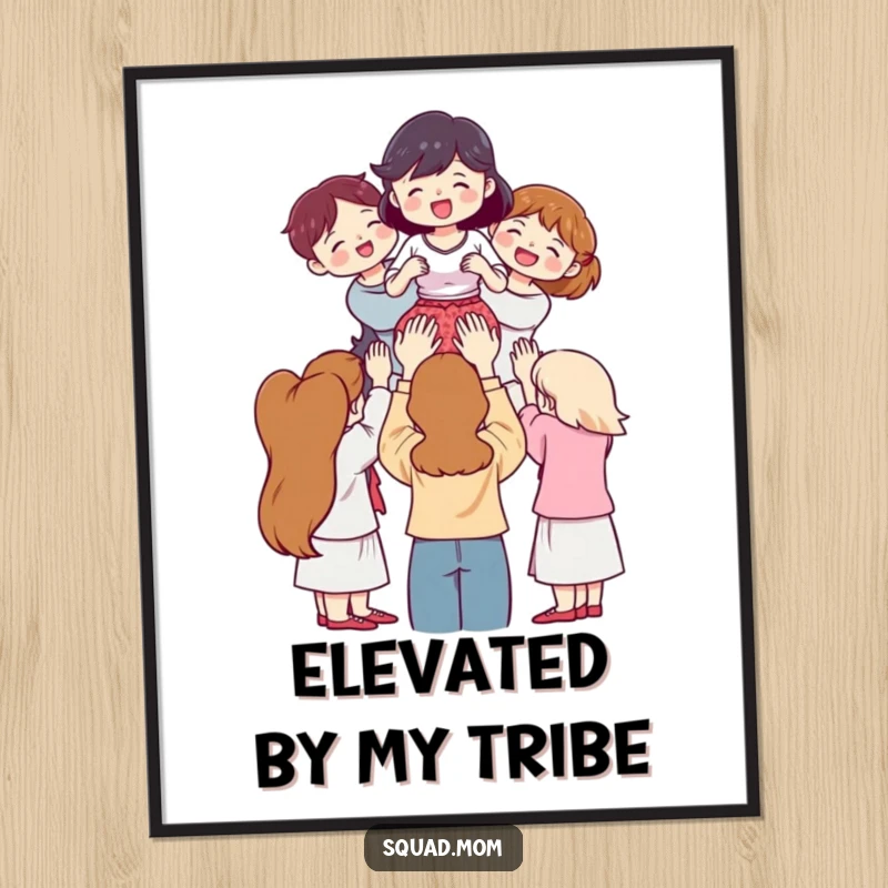 Funny Poster: Women lifting a friend on shoulders, colorful illustration of teamwork and support, a delightful funny gift.