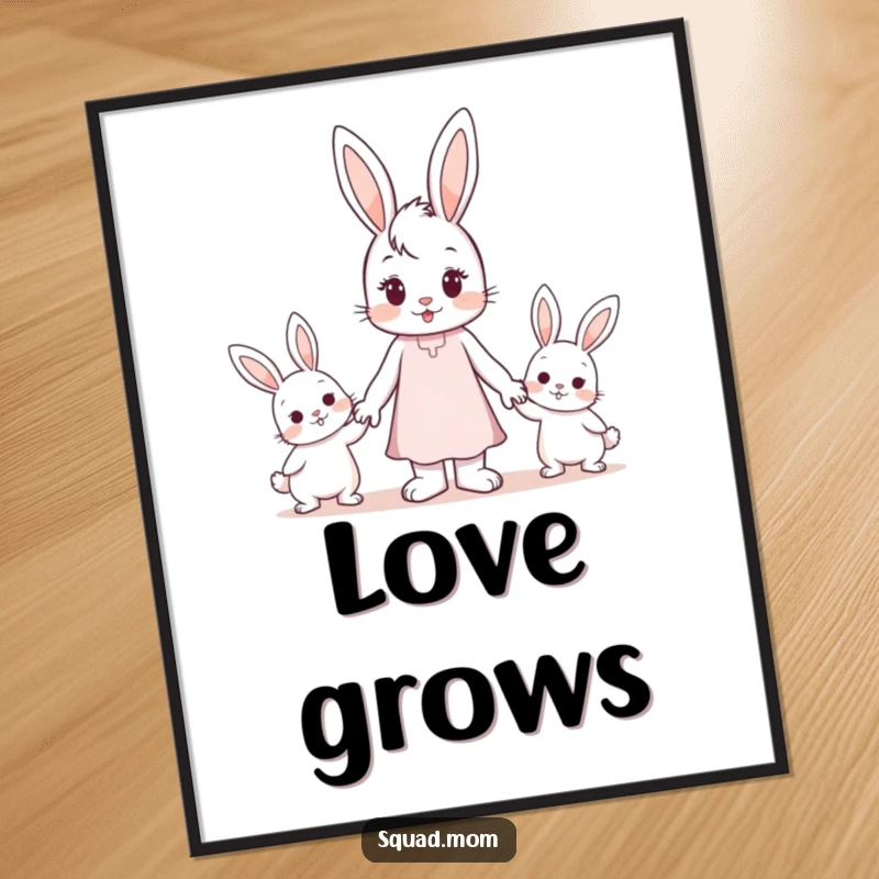 Funny Poster: An illustration of a gentle bunny mom holding hands with two small, adorable bunny children.