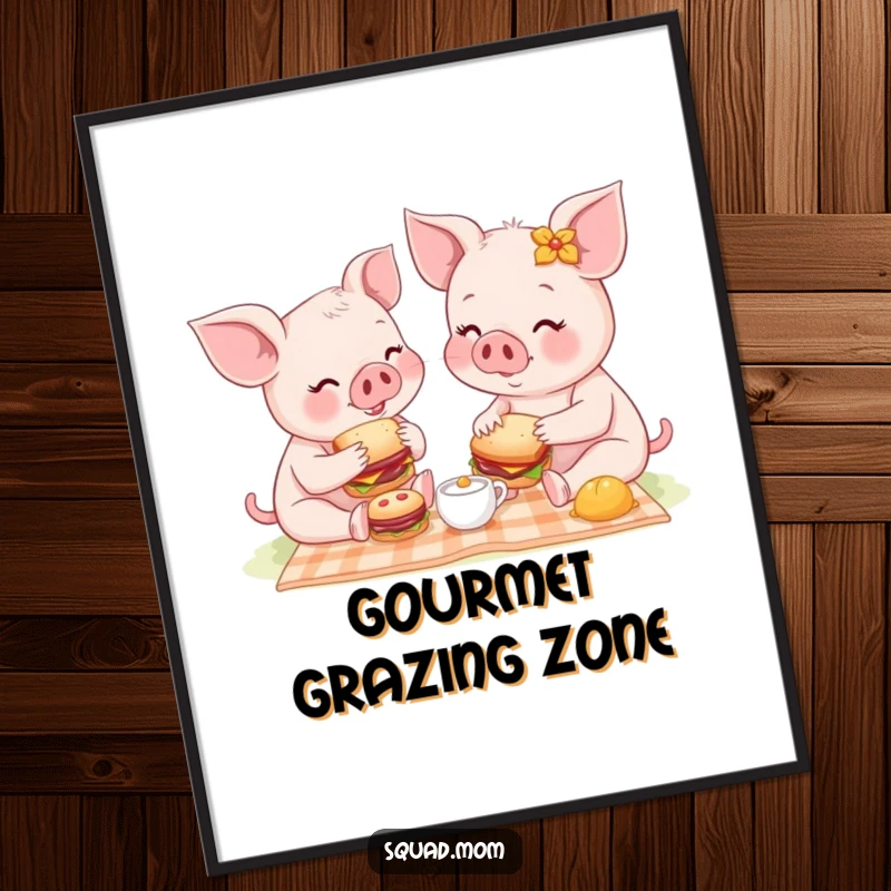 Funny poster art showing a mother piglet and her baby enjoying a picnic with tiny sandwiches, perfect for whimsical decor.