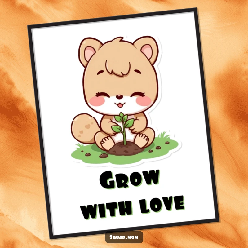 Funny poster illustrating a tender moment of an animal mom character planting a small seed, evoking themes of growth, care, and nature.