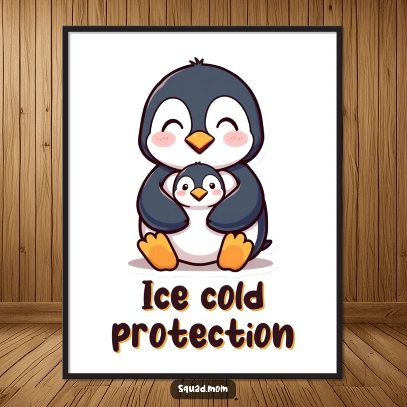 Funny poster art of a penguin mom character protectively covering her young chick, a symbol of unwavering maternal love.