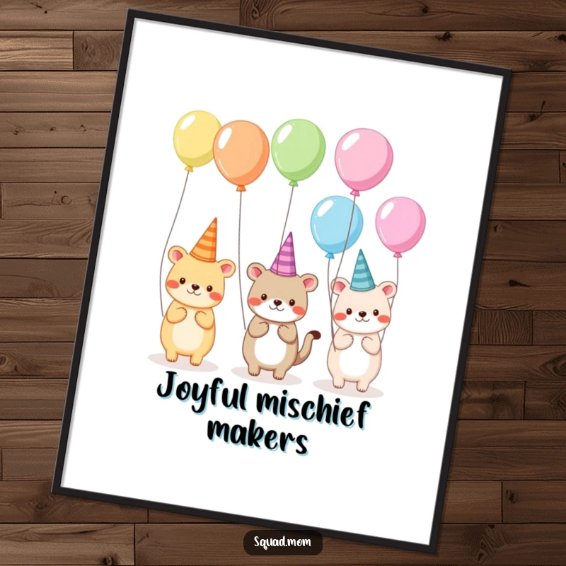 Funny poster artwork of diverse animal friends adorned in silly hats and holding balloons, radiating contagious party spirit and fun.