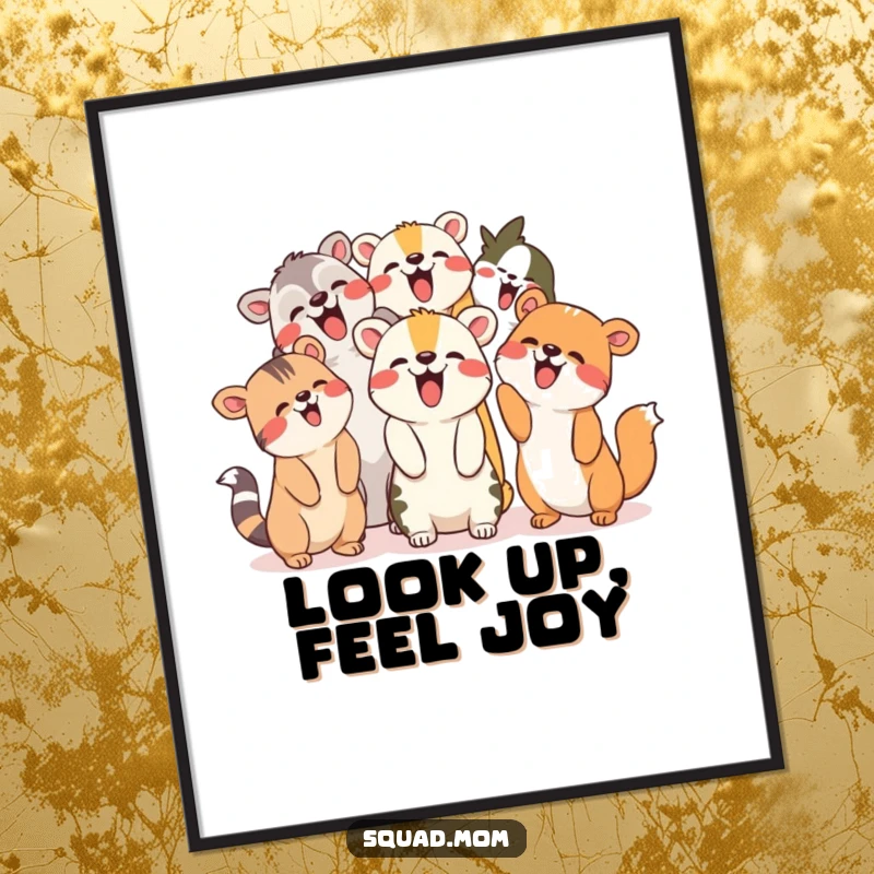 Funny Poster: Group of animal friends giggling and pointing upwards, perfect for whimsical room decor.