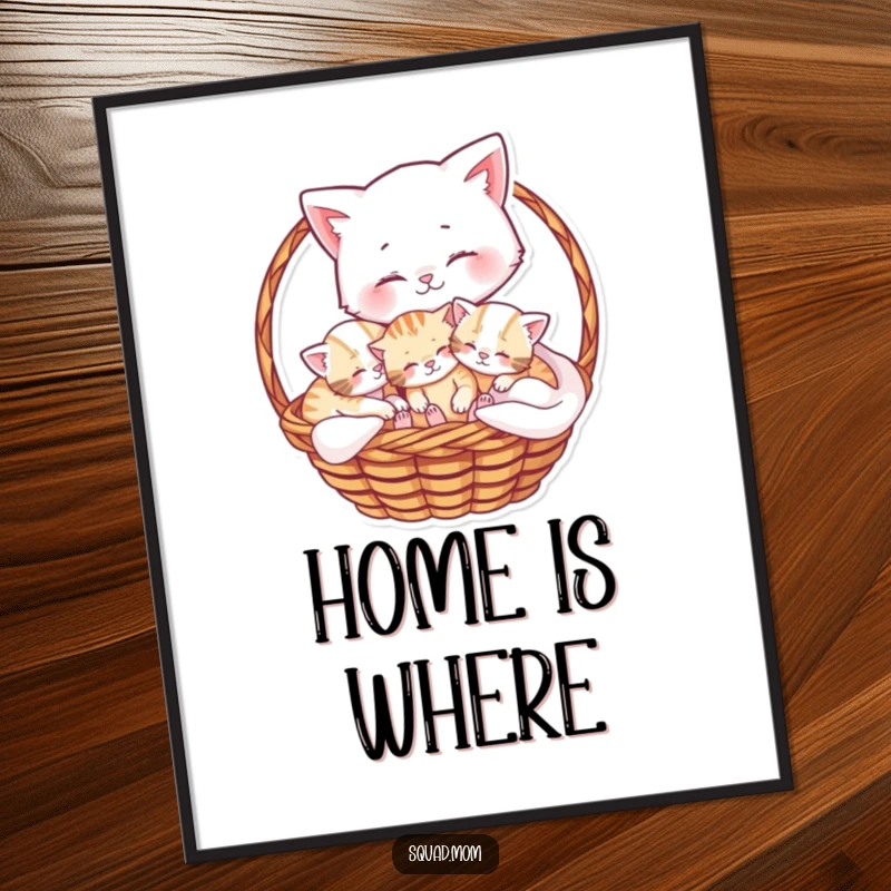 Funny poster illustration of a gentle mama cat snuggled with her lively kittens in a basket, a heartwarming nursery art.