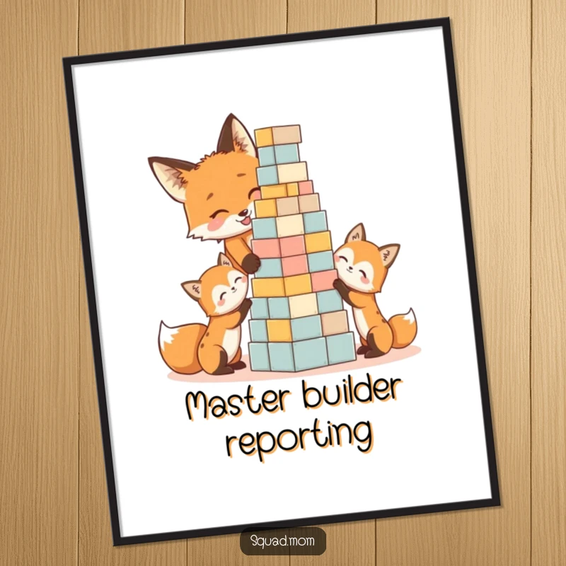 Funny poster art depicting a cute fox mom and her kits excitedly building a tall block tower, a humorous wall decor.