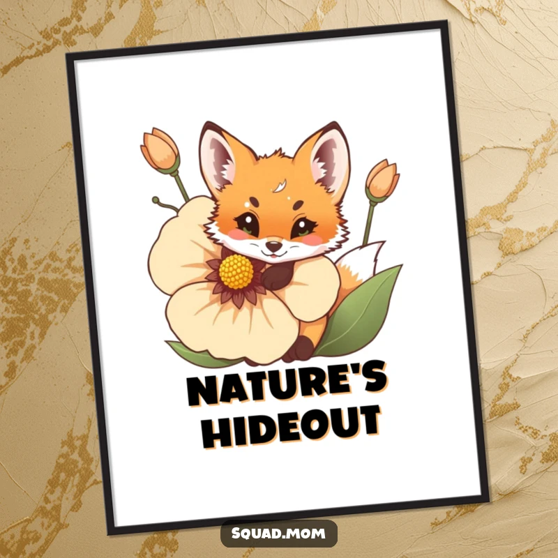 Funny Fox Cub Poster: A cute, playful fox cub peeks out from behind a large, blooming flower.