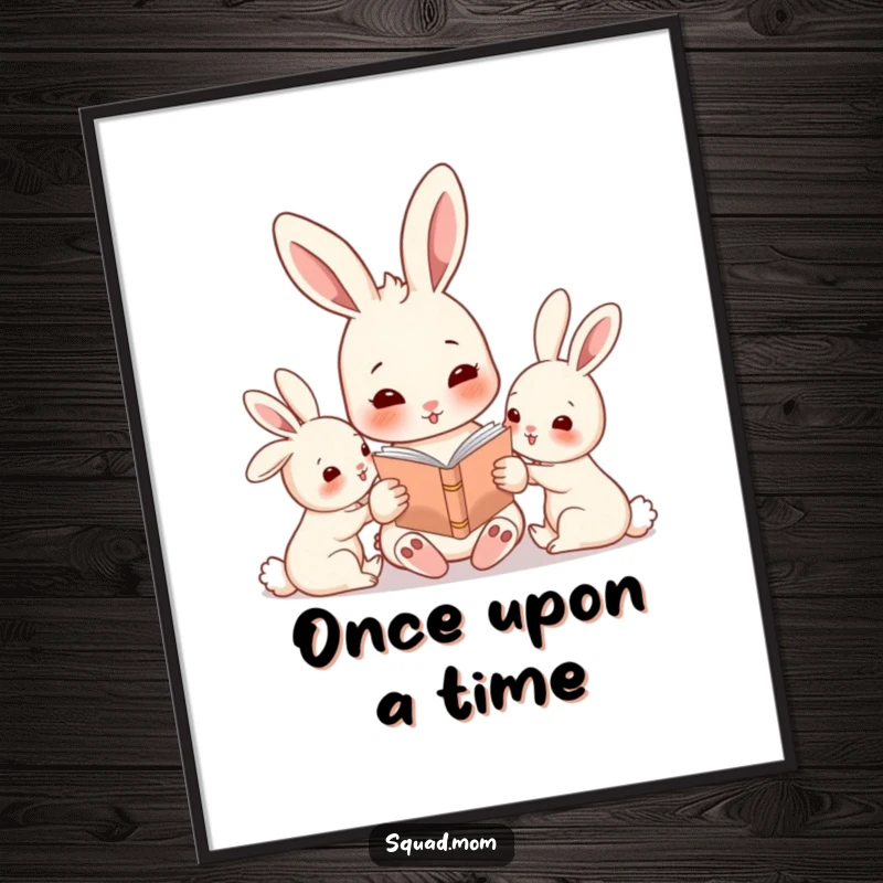 Funny rabbit mom reading a story to her babies, a charming wall art poster perfect for nurseries.