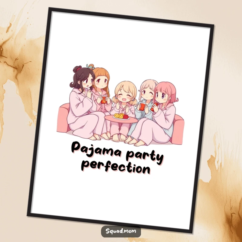 Funny poster illustrating women in pajamas sharing snacks, ideal for home decor and celebrating friendship.